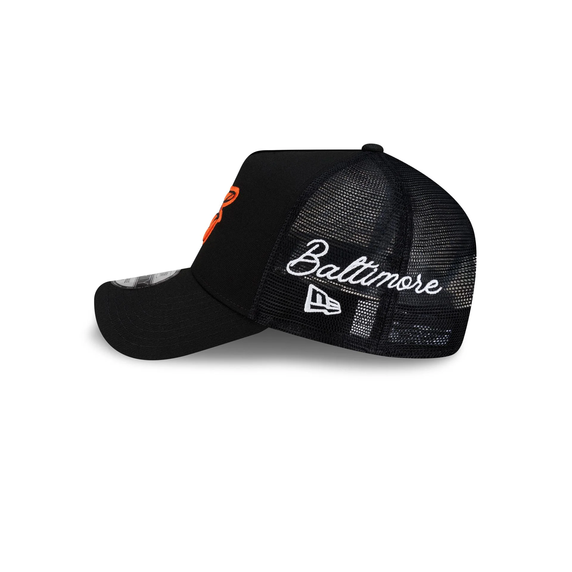 Baltimore Orioles Side Script 9FORTY A-Frame Trucker Hat - Image 4