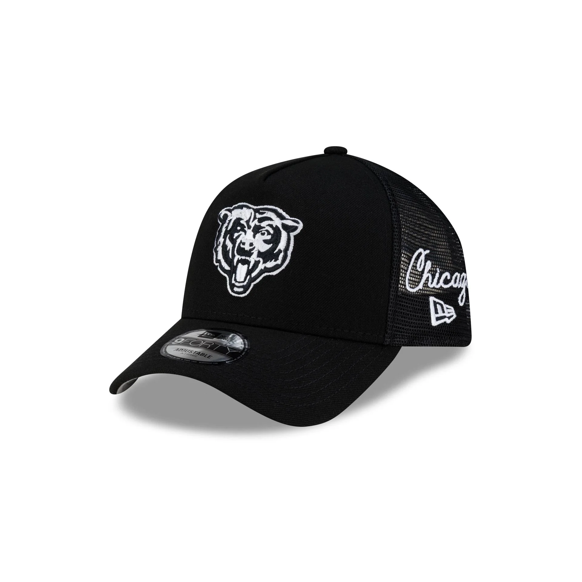 Chicago Bears Side Script Black 9FORTY A-Frame Trucker Hat