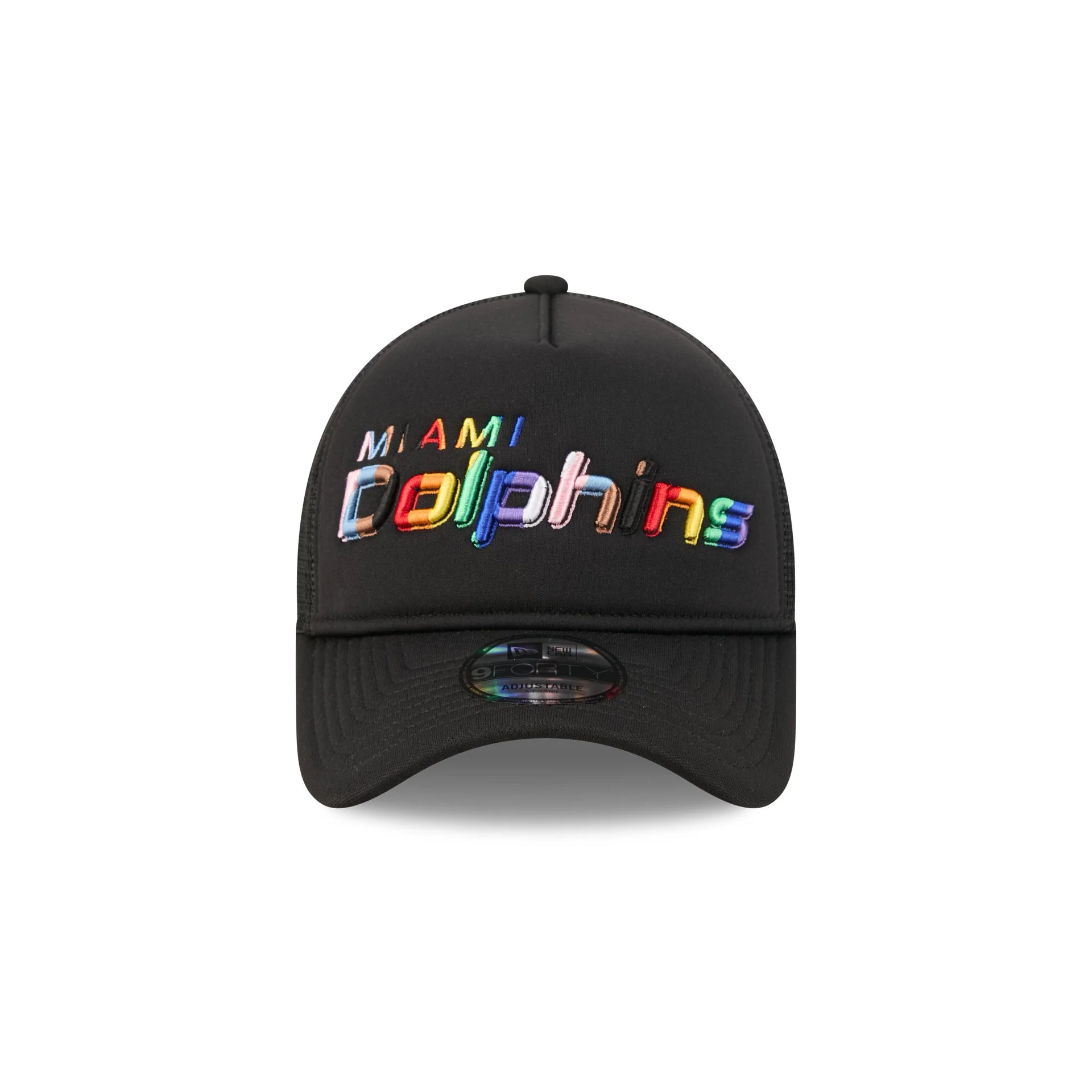 Miami Dolphins Rainbow Wordmark 9FORTY A-Frame Trucker Hat - Image 2