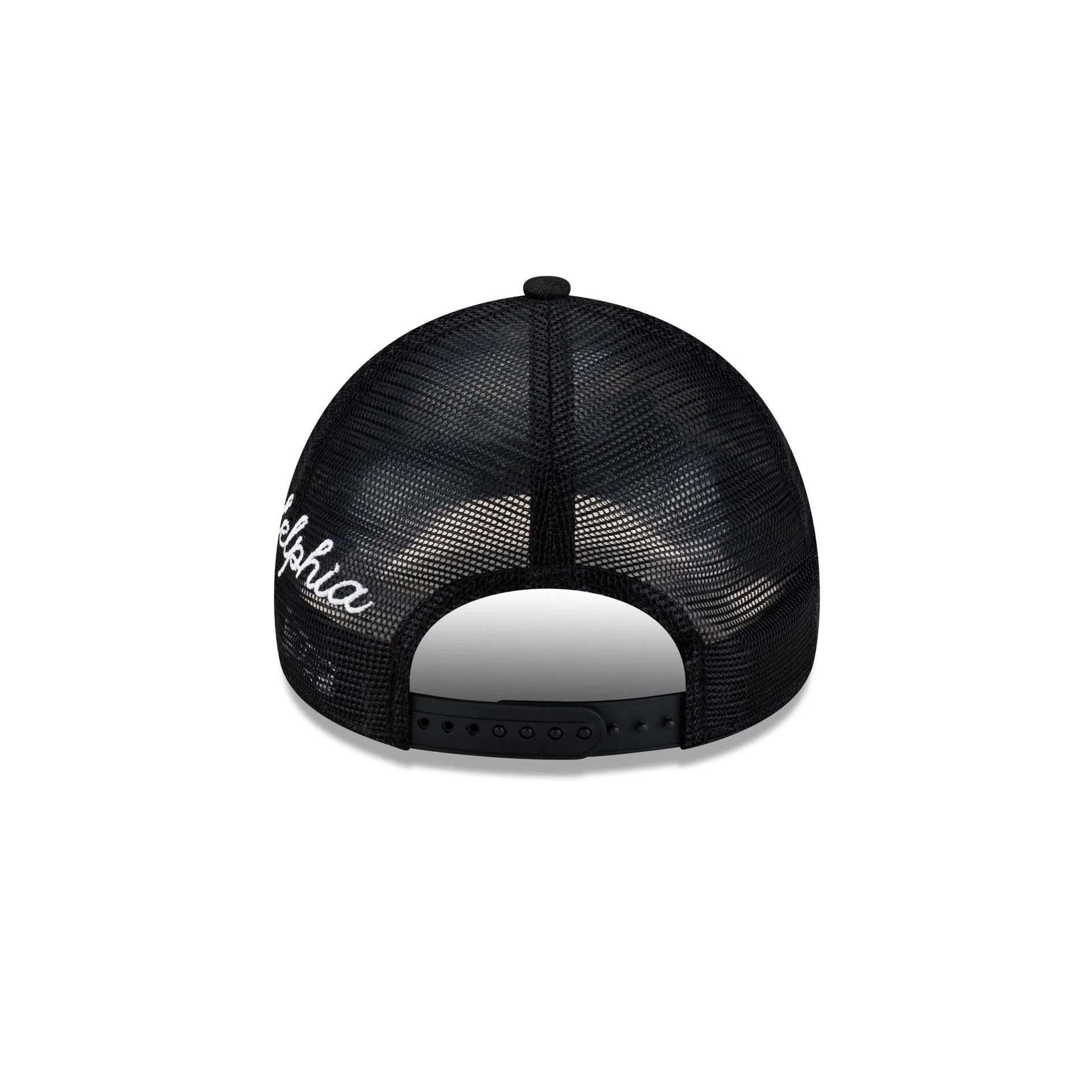 Philadelphia 76ers Side Script Black 9FORTY A-Frame Trucker Hat - Image 6