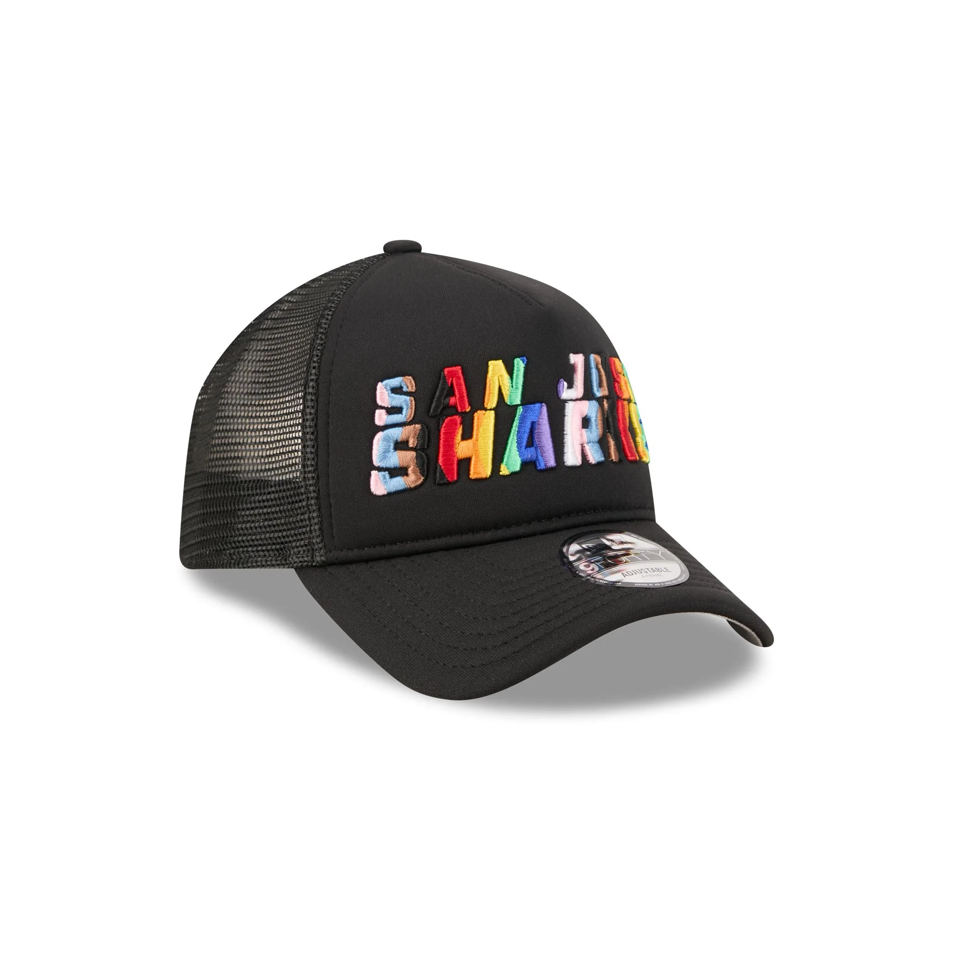 San Jose Sharks Rainbow Wordmark 9FORTY A-Frame Trucker Hat - Image 3